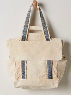 Free People Cords Canvas Totwe Double Handles Pockets Flap Stripe Natural